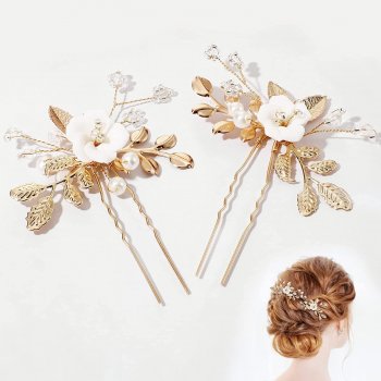 2 piece Gold Leaves White Flowers Crystal Beads U-shaped Hair Clip